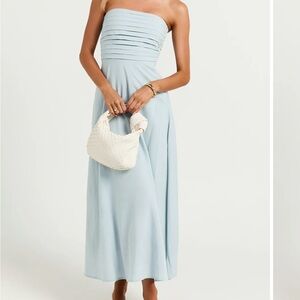 BARBRA MIDI DRESS - STRAPLESS RUCHED BODICE DRESS IN BLUE